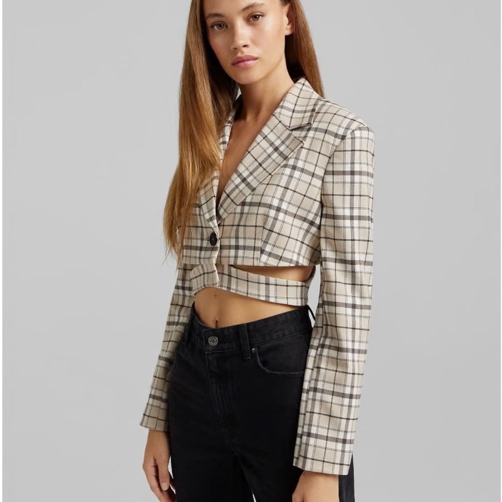 Bershka Plaid Cropped Cut-Out Blazer Sz XL